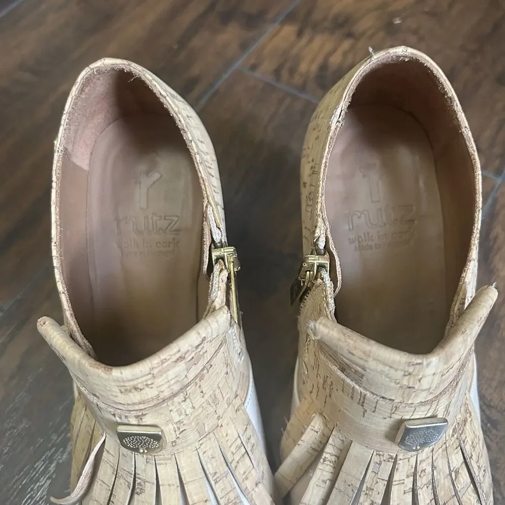 Rutz Walk in Cork Ankle Heel Boots Tan Fringe Womens 36 Side Zip